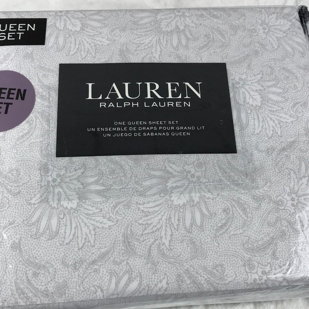 Lauren RALPH LAUREN (White/Pale Gray Floral) 100% Cotton QUEEN Sheet Set - Picture 2 of 5